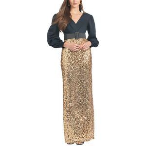 Sachin + Babi Black V-Neck Top with Gold Sequin Maxi Skirt